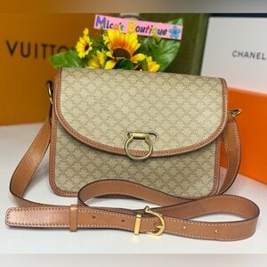 Auth CELINE Logo Macadam Pattern Crossbody/Shoulder Bag PVC Leather Beige🇮🇹